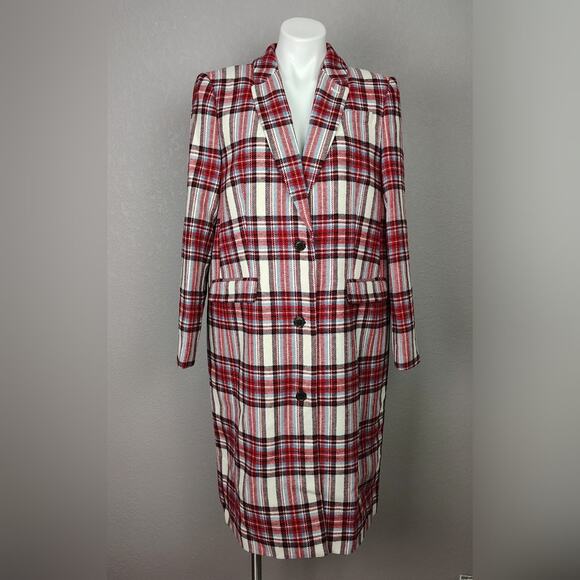 J. crew Alfie topcoat Ivory Red in Vintage Plaid Italian Wool Coat Size 14 - Picture 2 of 15